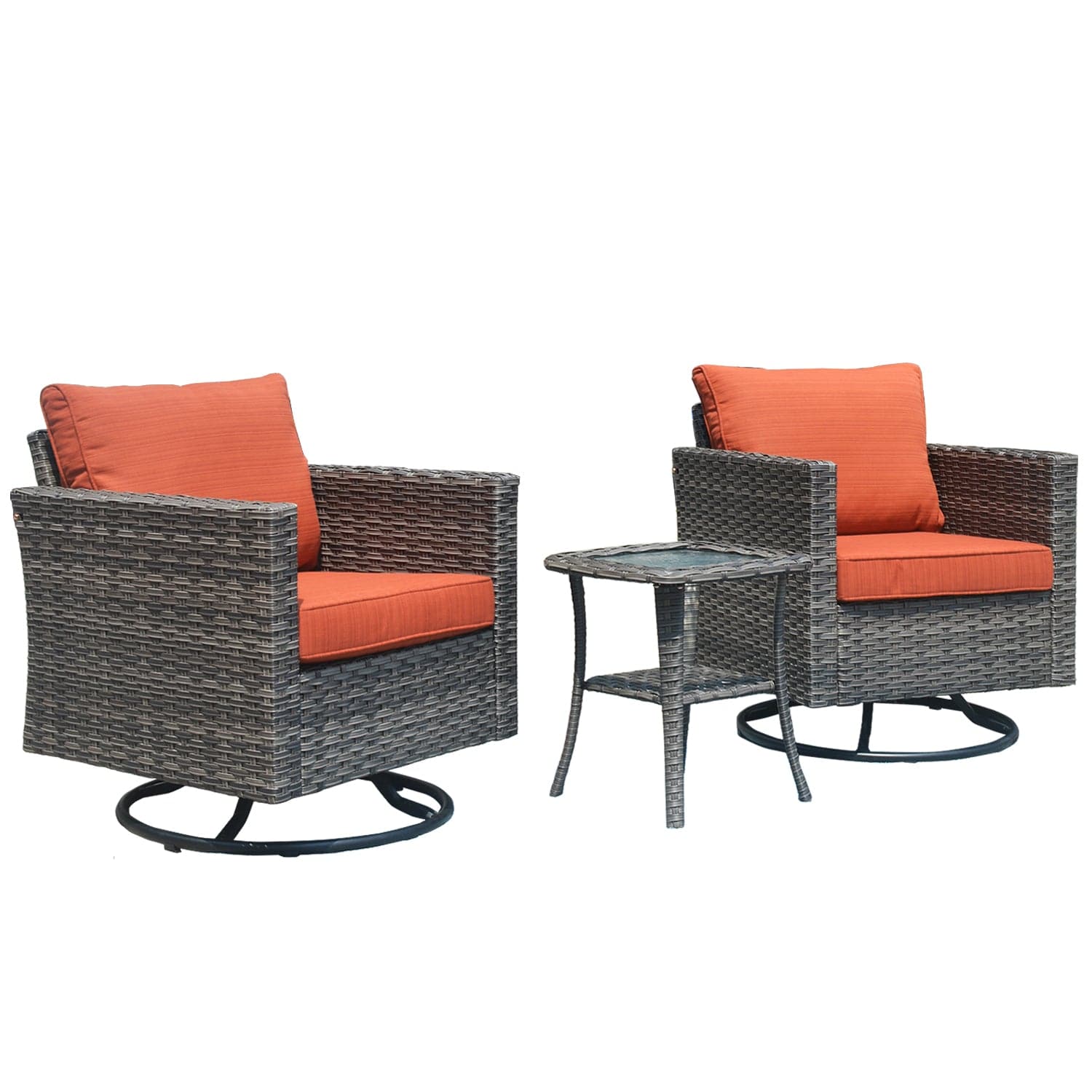 Ovios Patio Furniture 3-Piece Set with Swivel Chairs and Table Square Shape Armrest