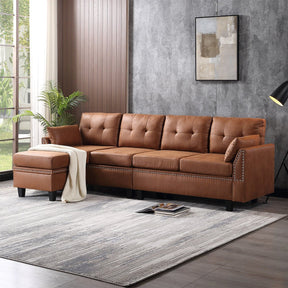 Ovios Living Room 98.42" Wide Flared Arm Suede Fabric or Leathair L Shaped Sofa with Ottoman-Light Brown