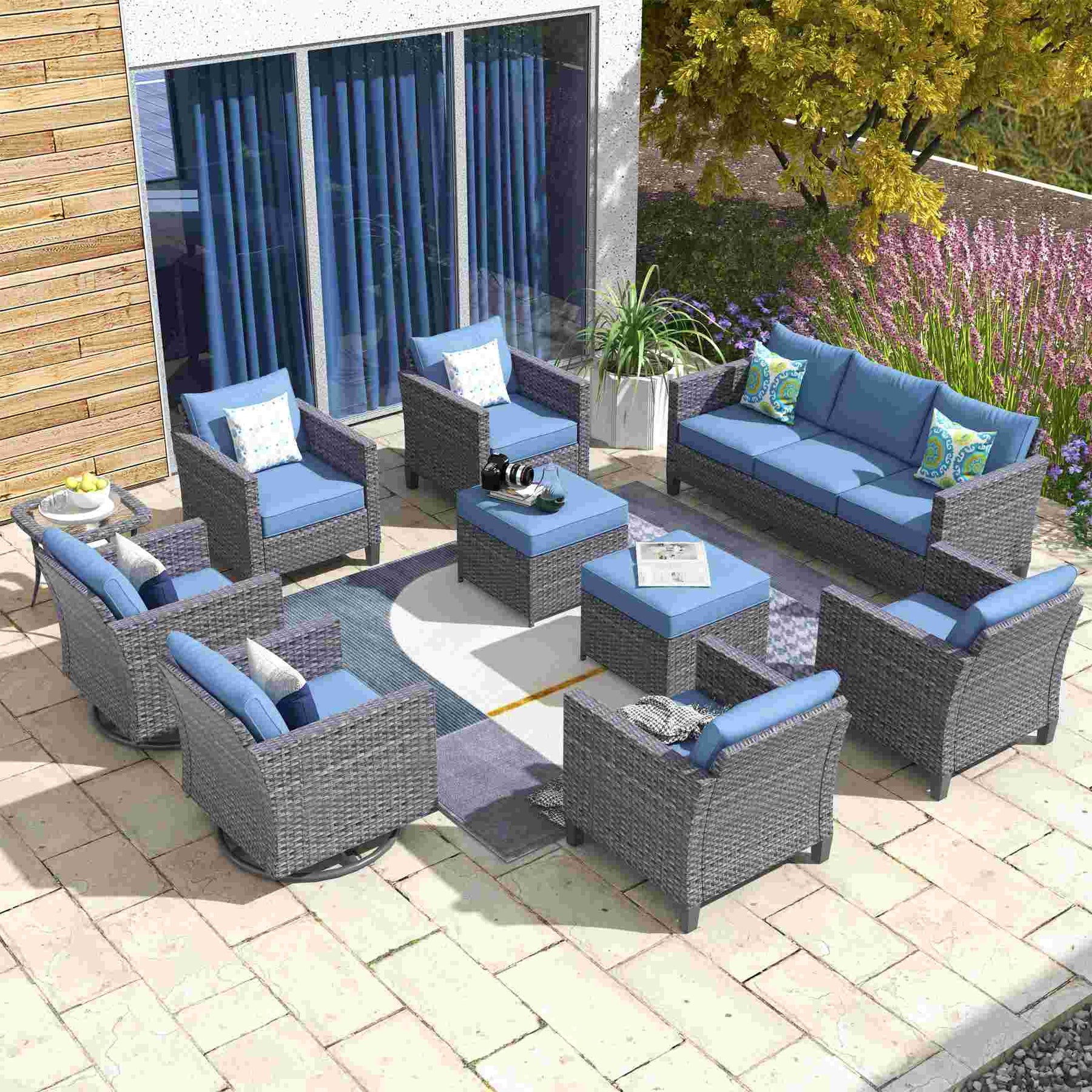 Ovios Patio Conversation Set 10-Piece with Swivel Rocking Chairs and Table