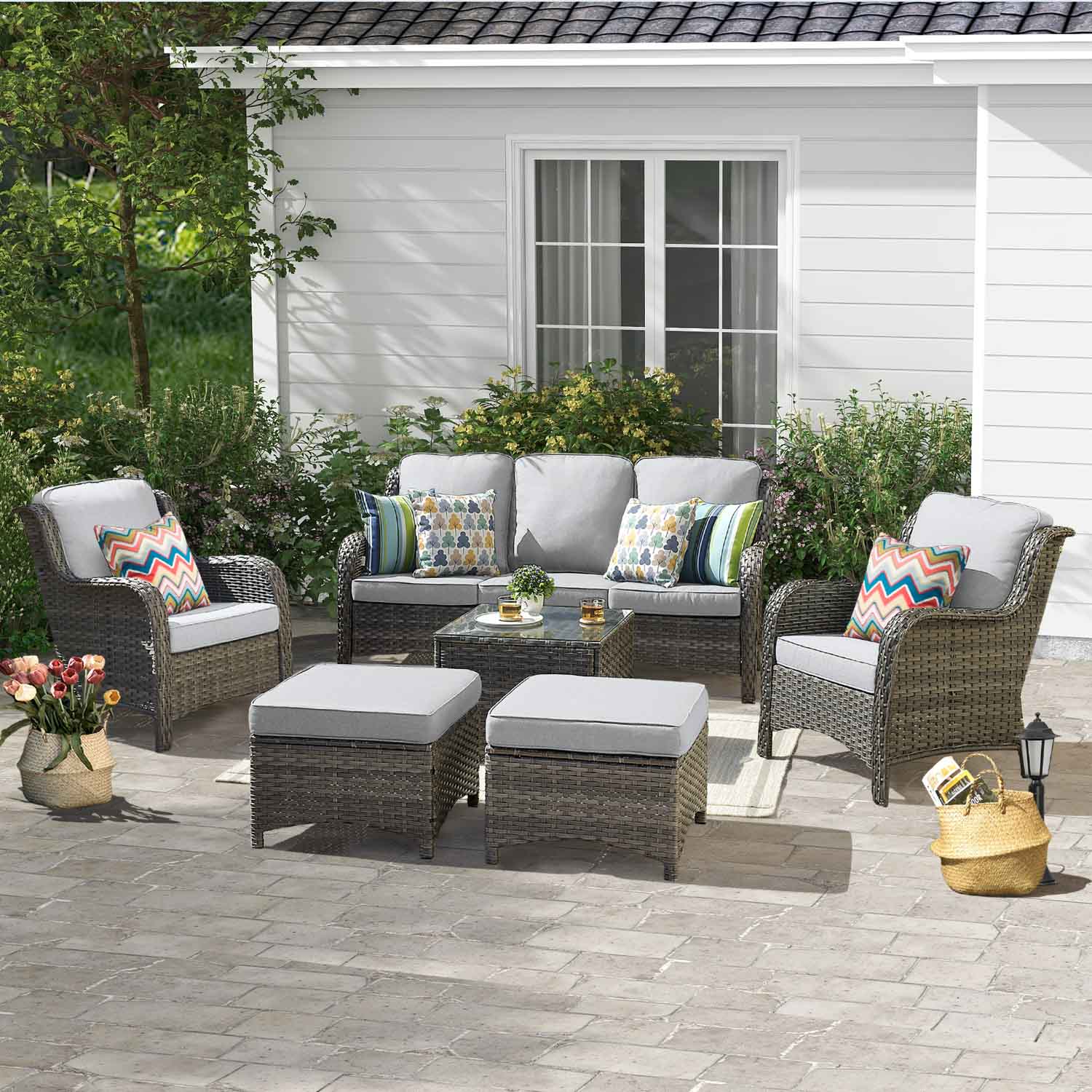 Ovios Patio Furniture Set 6-Piece with Table Kenard Curved Handrest