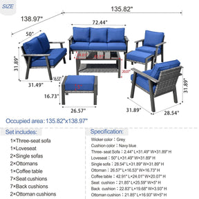 Ovios Outdoor furniture 7 Piece with Table and 2 Ottomans, 5''Cushion, Olefin Fabric