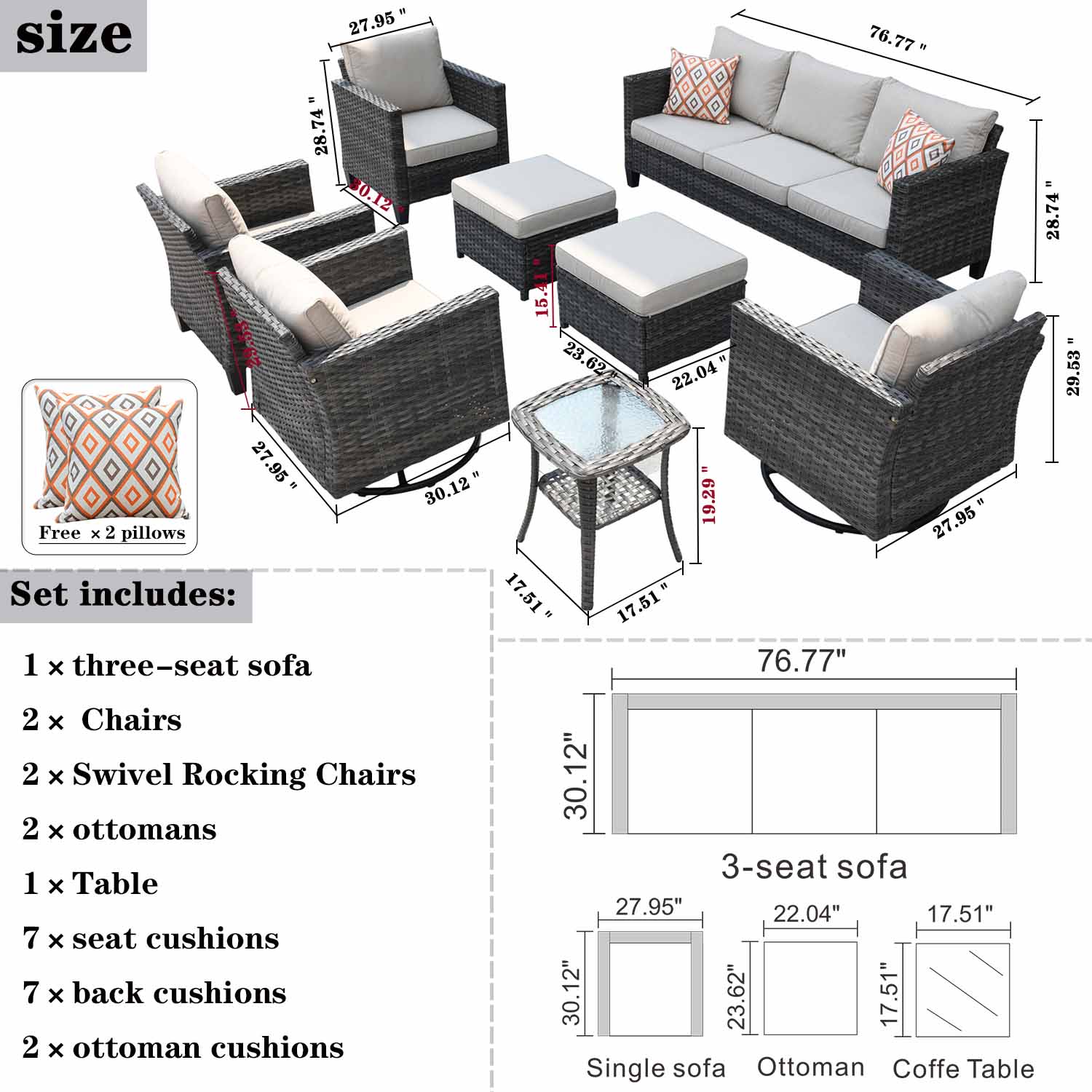 Ovios Patio Conversation Set 8-Piece with Swivel Rocking Chairs and Table