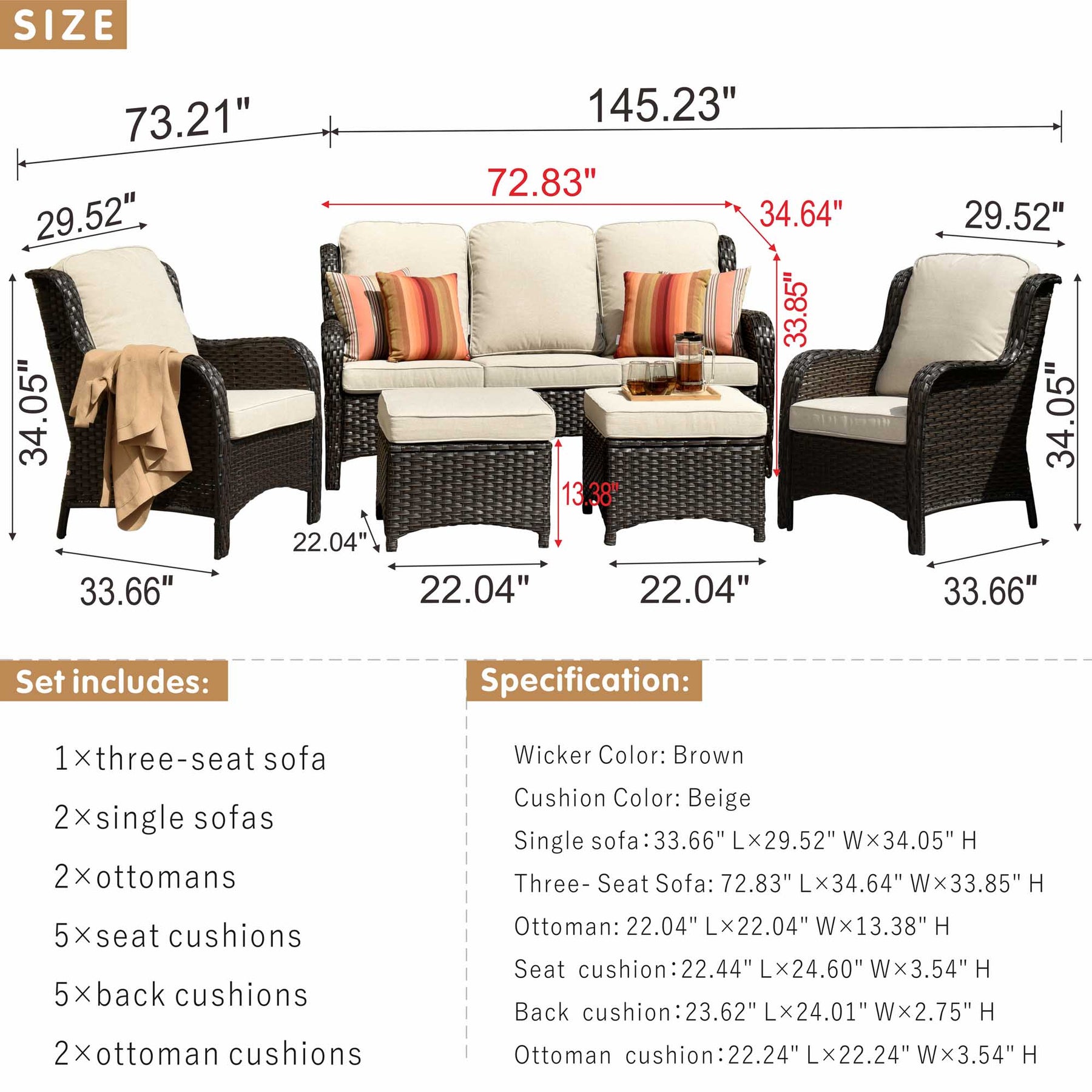 Ovios Patio Conversation Set 5-Piece with Cushions Kenard Curved Handrest