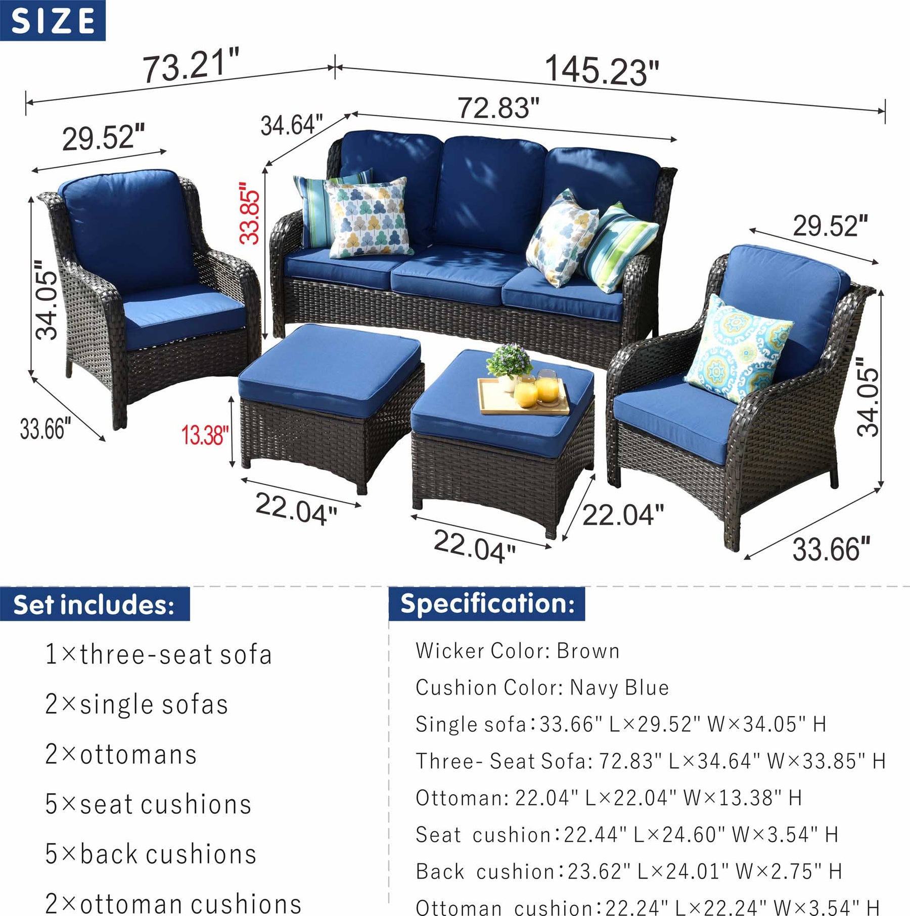 Ovios Patio Conversation Set 5-Piece with Cushions Kenard Curved Handrest