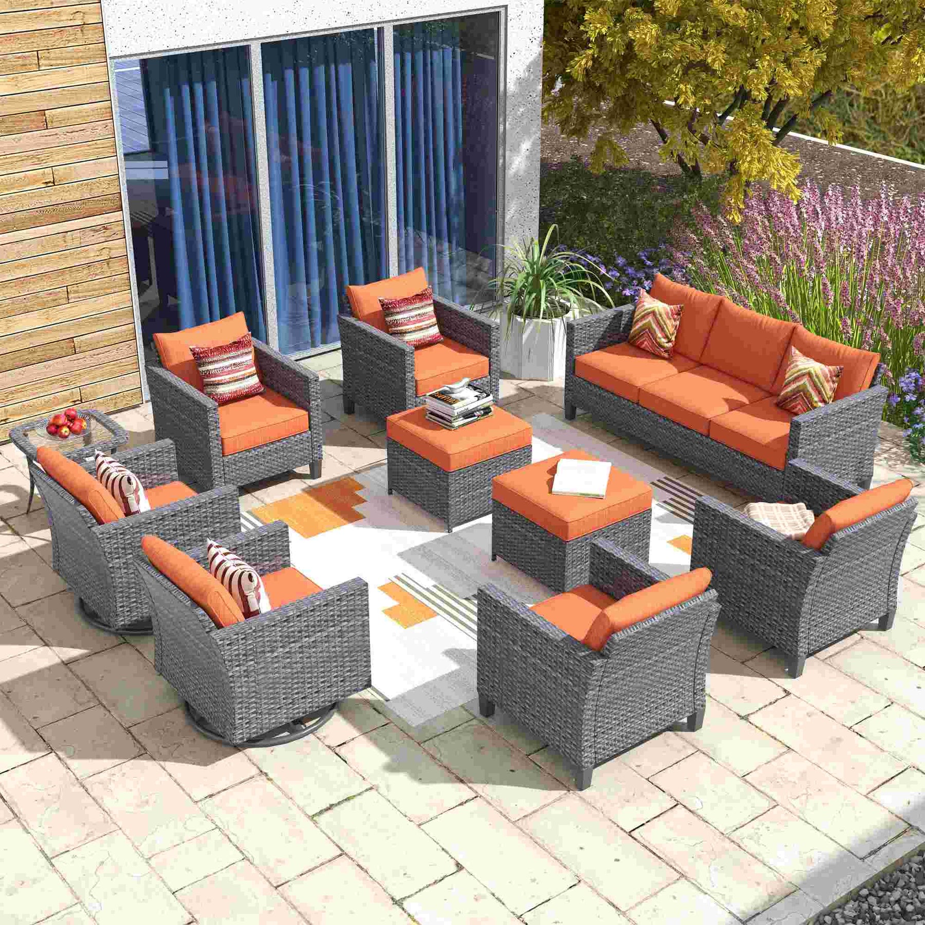 Ovios Patio Conversation Set 10-Piece with Swivel Rocking Chairs and Table