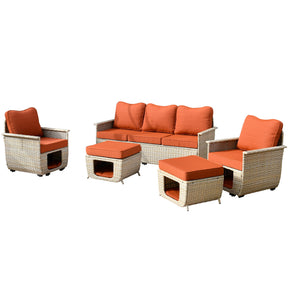 Ovios Patio Conversation Set 5 Pieces Beige Wicker with Multifunctional Storage