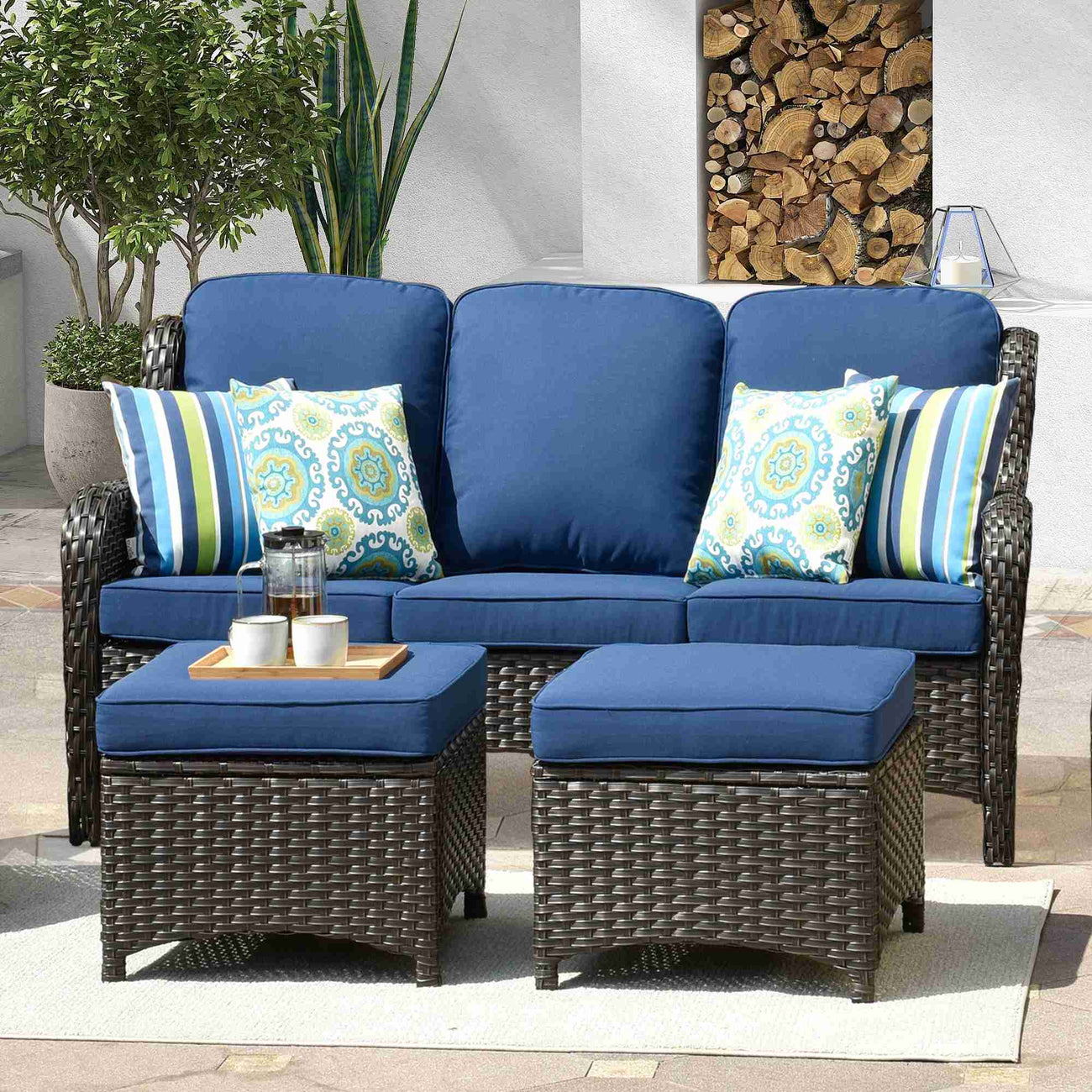 Ovios Outdoor Couch 3-Piece with Ottoman - Weather Resistant Furniture