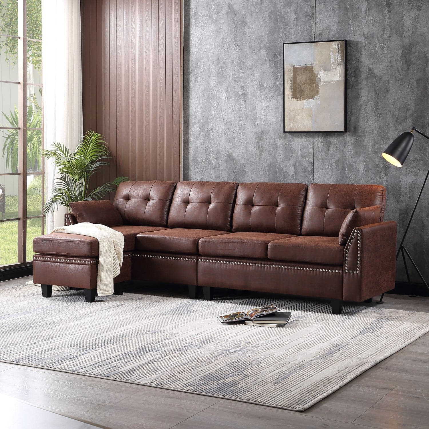 Ovios Living Room 98.42" Wide Flared Arm Suede Fabric or Leathair L Shaped Sofa with Ottoman-Dark Brown