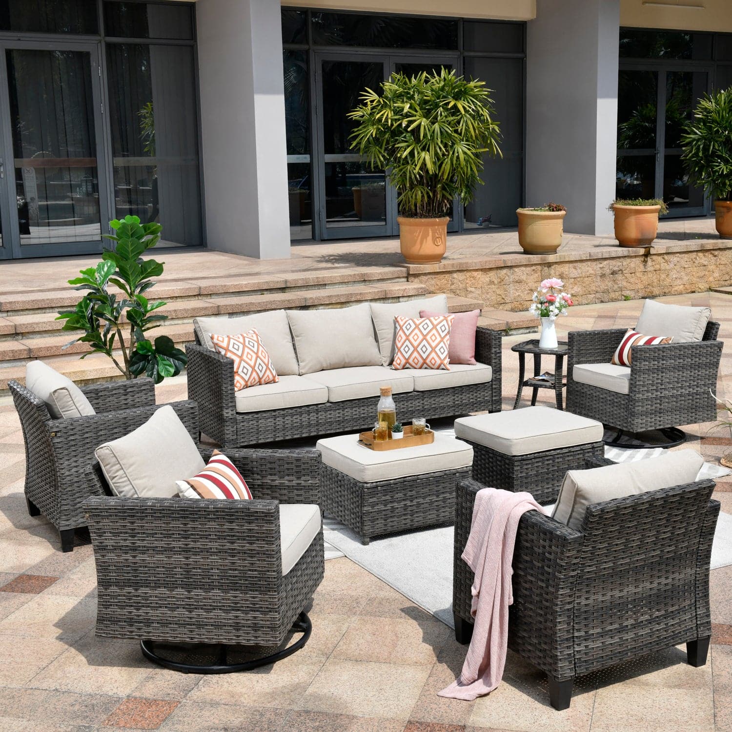 Ovios Patio Conversation Set 8-Piece with Swivel Rocking Chairs and Table