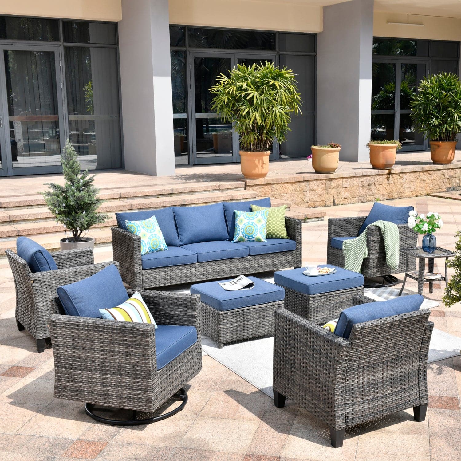 Ovios Patio Conversation Set 8-Piece with Swivel Rocking Chairs and Table