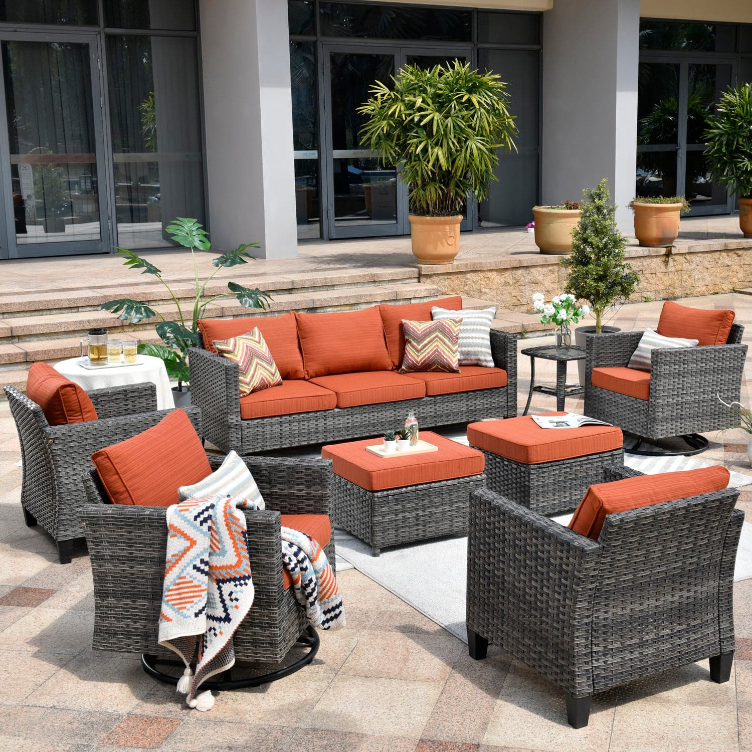 Ovios Patio Conversation Set 8-Piece with Swivel Rocking Chairs and Table