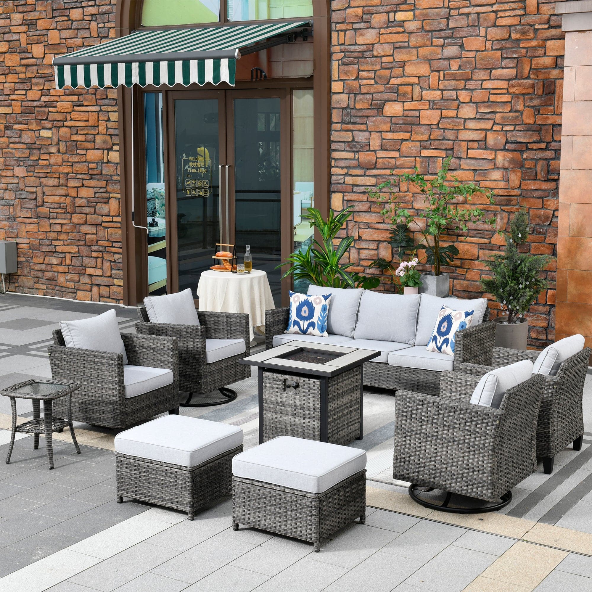 Ovios Patio Vultros 9-Piece Set with 2 Swivel Chairs and 30'' Propane Fire Pit Table