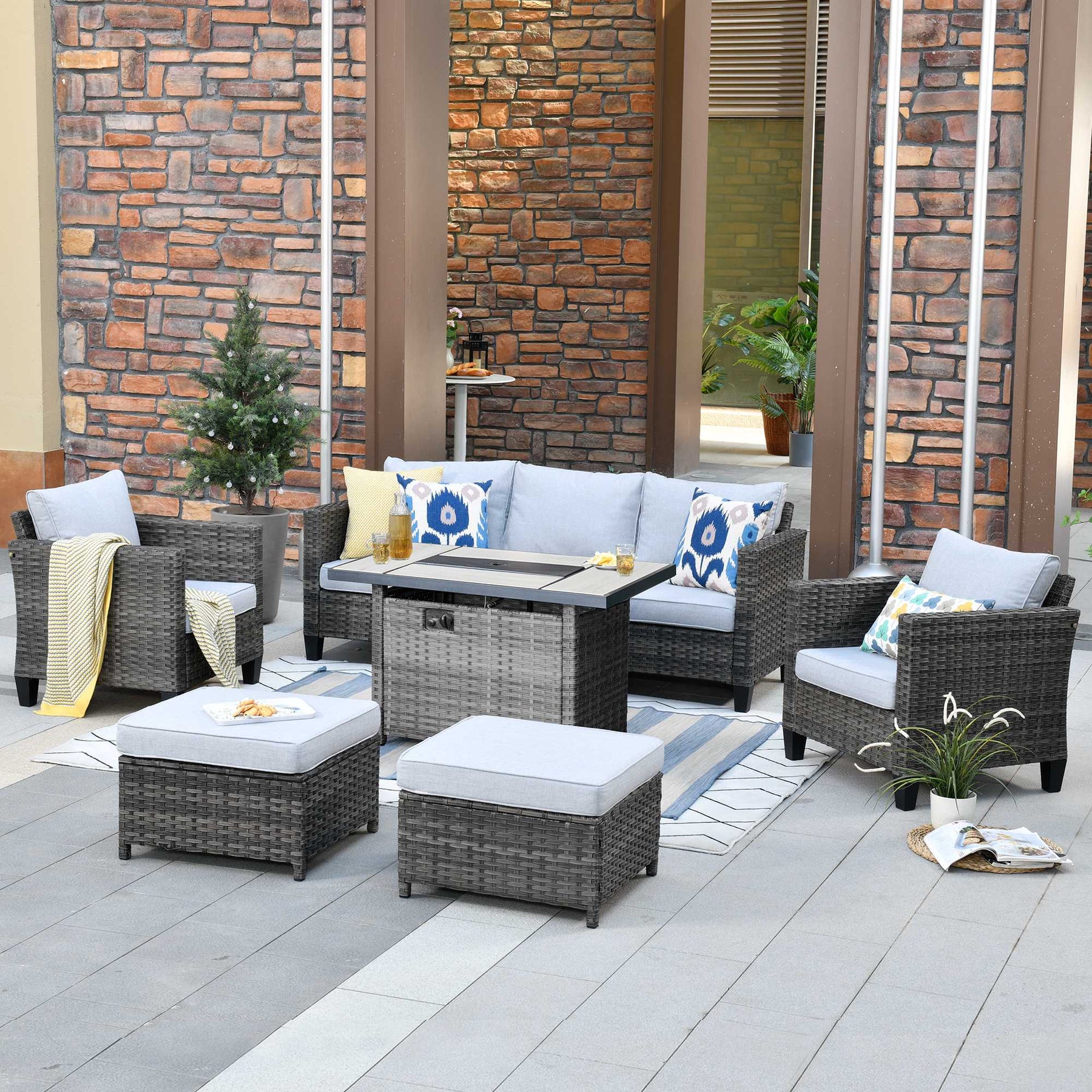 Ovios Patio Conversation Set 6-Piece with Rectangle 42'' Fire Pit Table and Vultros Set