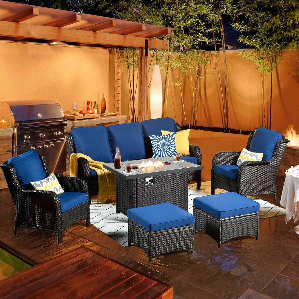 #color_Brown Wicker Navy Blue Cushion 