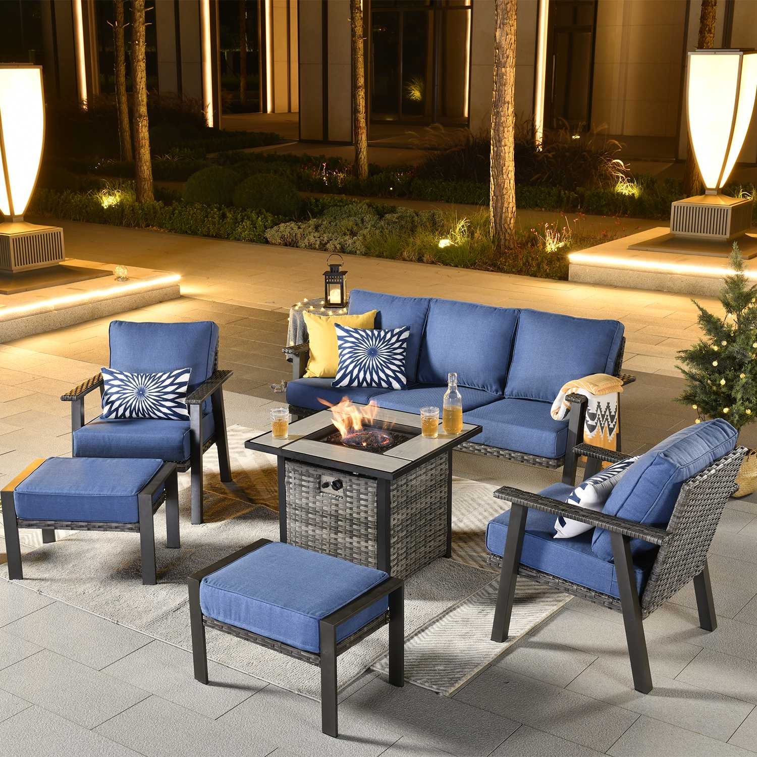 Ovios Patio Conversation Set 6 Piece with 30 '' fire pit table, 5'' Cushion, Olefin Fabric