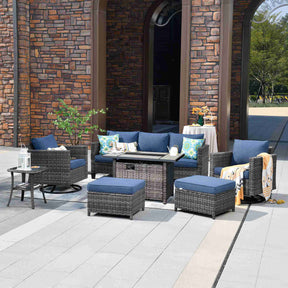 Ovios Patio Vultros 7-Piece Set With Swivel Chair and Rectangle 42'' Propane Fire Pit Table