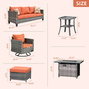 Ovios Patio Vultros 7-Piece Set With Swivel Chair and Rectangle 42'' Propane Fire Pit Table
