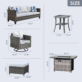 Ovios Patio Vultros 7-Piece Set With Swivel Chair and Rectangle 42'' Propane Fire Pit Table