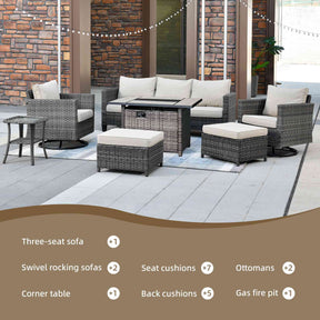 Ovios Patio Vultros 7-Piece Set With Swivel Chair and Rectangle 42'' Propane Fire Pit Table