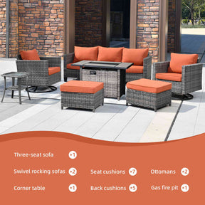 Ovios Patio Vultros 7-Piece Set With Swivel Chair and Rectangle 42'' Propane Fire Pit Table