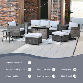 Ovios Patio Vultros 7-Piece Set With Swivel Chair and Rectangle 42'' Propane Fire Pit Table