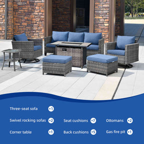 Ovios Patio Vultros 7-Piece Set With Swivel Chair and Rectangle 42'' Propane Fire Pit Table