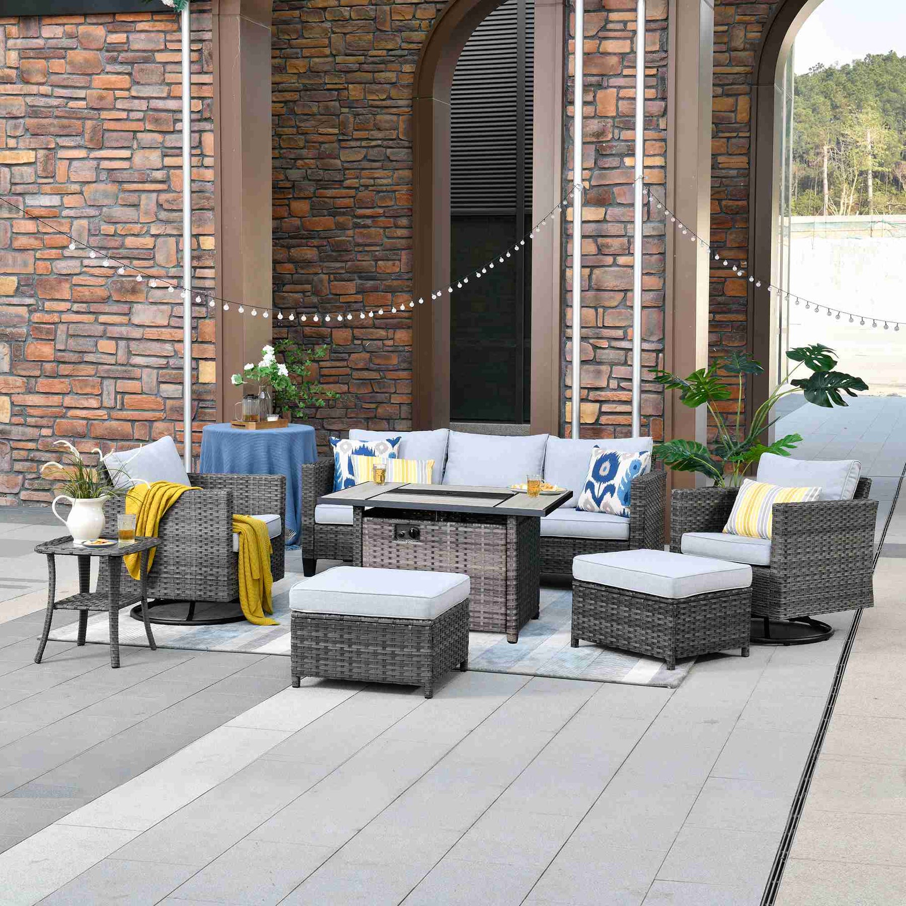 Ovios Patio Vultros 7-Piece Set With Swivel Chair and Rectangle 42'' Propane Fire Pit Table
