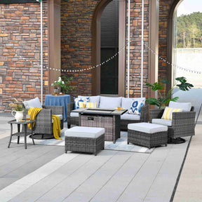 Ovios Patio Vultros 7-Piece Set With Swivel Chair and Rectangle 42'' Propane Fire Pit Table
