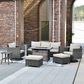 Ovios Patio Vultros 7-Piece Set With Swivel Chair and Rectangle 42'' Propane Fire Pit Table