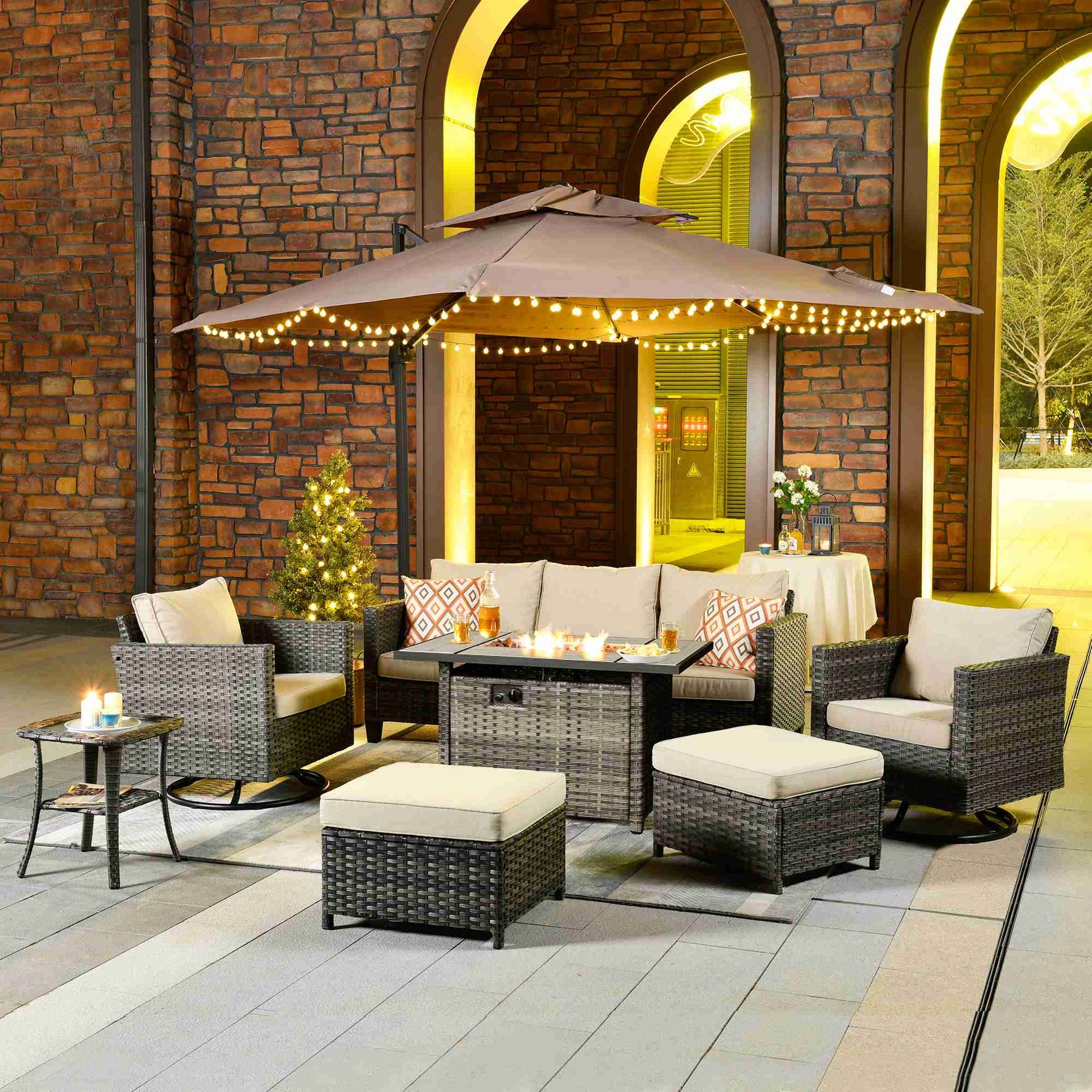 Ovios Patio Vultros 7-Piece Set With Swivel Chair and Rectangle 42'' Propane Fire Pit Table