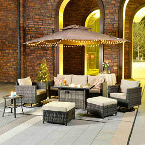 Ovios Patio Vultros 7-Piece Set With Swivel Chair and Rectangle 42'' Propane Fire Pit Table