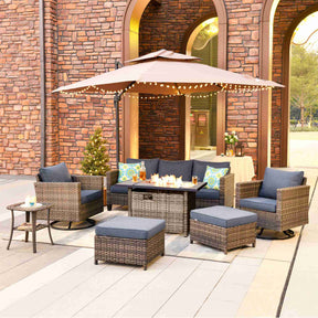 Ovios Patio Vultros 7-Piece Set With Swivel Chair and Rectangle 42'' Propane Fire Pit Table