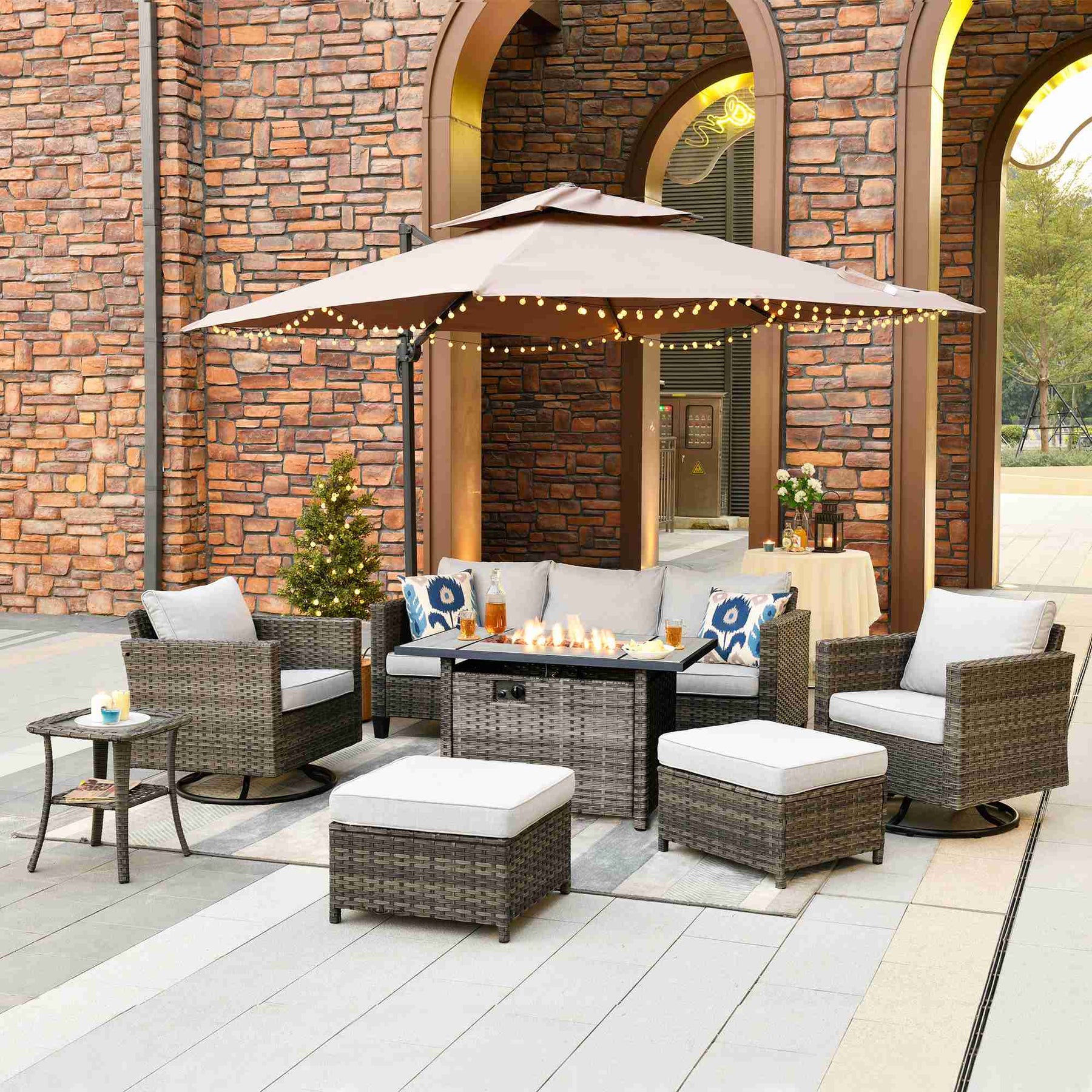 Ovios Patio Vultros 7-Piece Set With Swivel Chair and Rectangle 42'' Propane Fire Pit Table