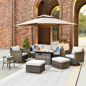 Ovios Patio Vultros 7-Piece Set With Swivel Chair and Rectangle 42'' Propane Fire Pit Table