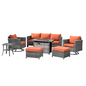 Ovios Patio Vultros 7-Piece Set With Swivel Chair and Rectangle 42'' Propane Fire Pit Table