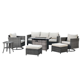Ovios Patio Vultros 7-Piece Set With Swivel Chair and Rectangle 42'' Propane Fire Pit Table