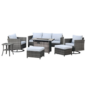 Ovios Patio Vultros 7-Piece Set With Swivel Chair and Rectangle 42'' Propane Fire Pit Table