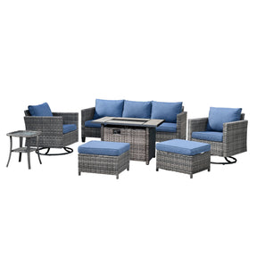 Ovios Patio Vultros 7-Piece Set With Swivel Chair and Rectangle 42'' Propane Fire Pit Table