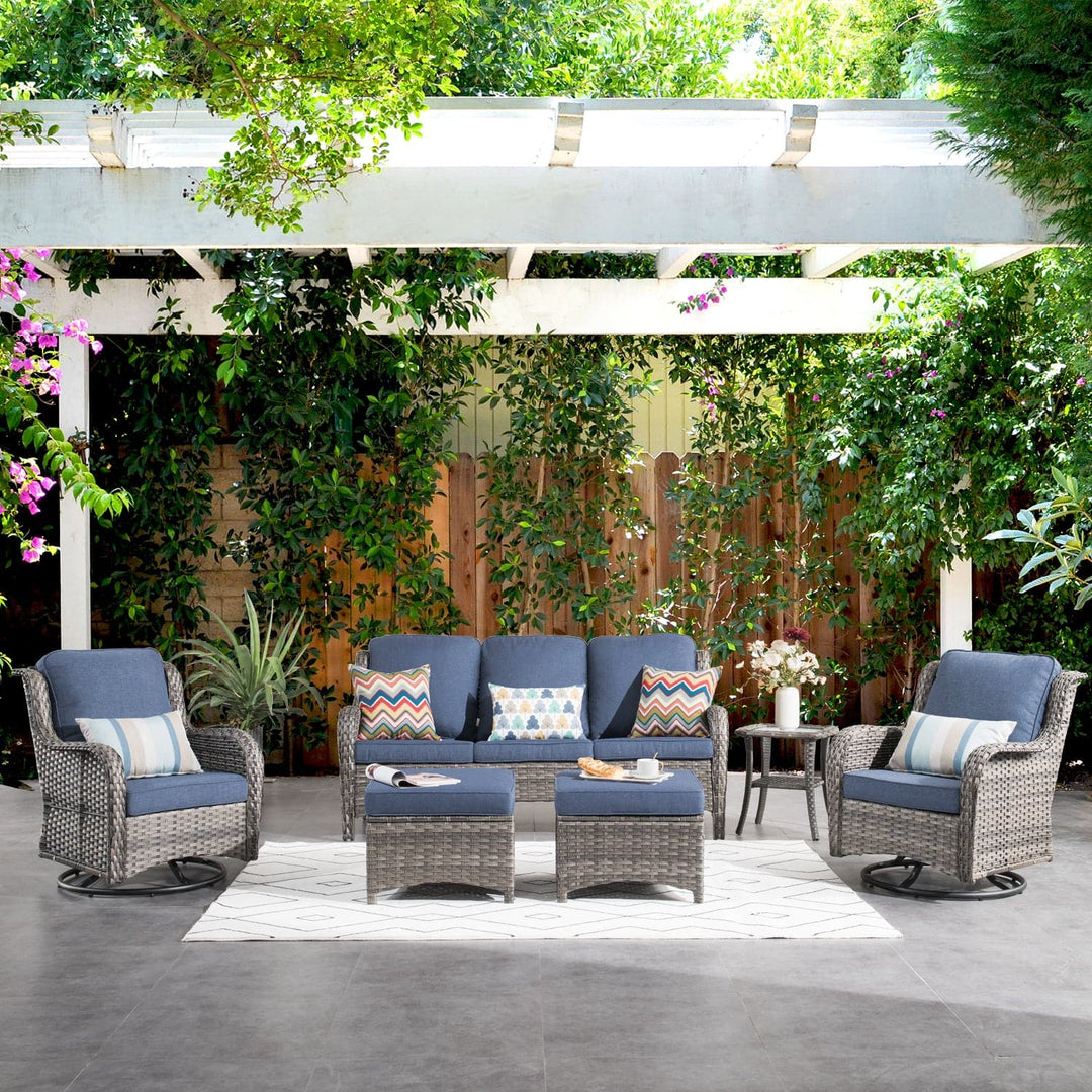 OVIOS New Kenard Gray 6-Piece Wicker Patio Conversation Set with Denim Blue Cushions and Swivel Rocking Chairs