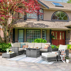Ovios Patio Furniture 9-Piece Grey Wicker Set with Fire Pit Table, No Assembly Required