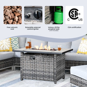 Ovios Patio Furniture 9-Piece Grey Wicker Set with Fire Pit Table, No Assembly Required