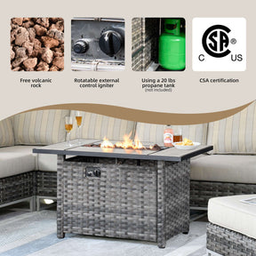 Ovios Patio Furniture 9-Piece Grey Wicker Set with Fire Pit Table, No Assembly Required
