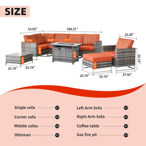 Ovios Patio Furniture 9-Piece Grey Wicker Set with Fire Pit Table, No Assembly Required