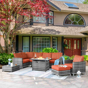 Ovios Patio Furniture 9-Piece Grey Wicker Set with Fire Pit Table, No Assembly Required