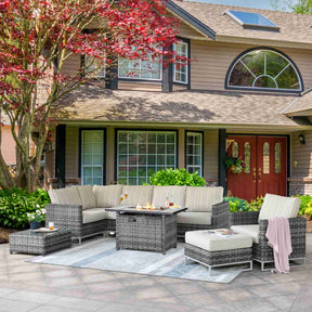 Ovios Patio Furniture 9-Piece Grey Wicker Set with Fire Pit Table, No Assembly Required