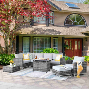 Ovios Patio Furniture 9-Piece Grey Wicker Set with Fire Pit Table, No Assembly Required