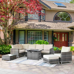 Ovios Patio Furniture 9-Piece Grey Wicker Set with Fire Pit Table, No Assembly Required