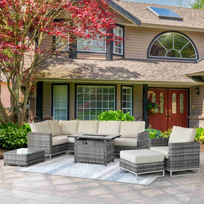 Ovios Patio Furniture 9-Piece Grey Wicker Set with Fire Pit Table, No Assembly Required