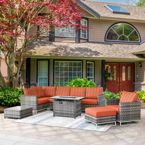Ovios Patio Furniture 9-Piece Grey Wicker Set with Fire Pit Table, No Assembly Required