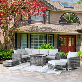 Ovios Patio Furniture 9-Piece Grey Wicker Set with Fire Pit Table, No Assembly Required